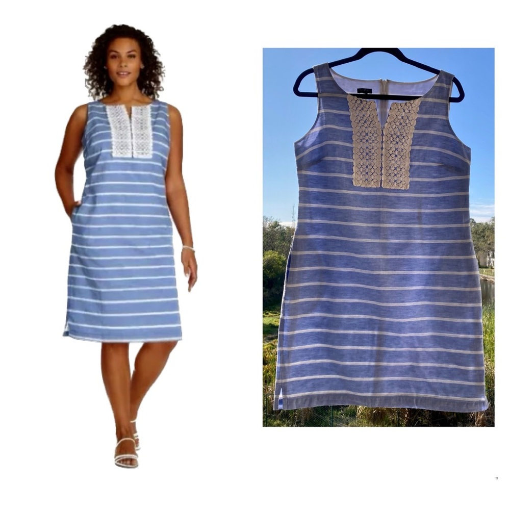 Talbots Women's Linen Shift
Dress Blue White/Striped Crochet
Embroidered/Size 10